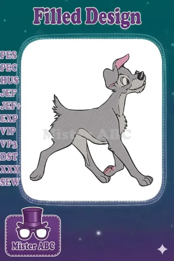 A vibrant embroidery design featuring Scamp, the playful gray dog from Disney, captured in a dynamic running pose.