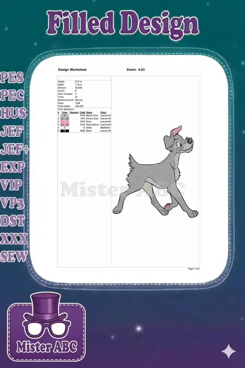 An embroidery design worksheet detailing Scamp's design specifications including size, stitch count, and color chart.