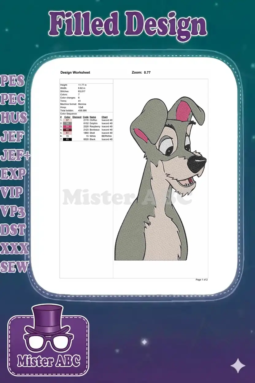 Embroidery design worksheet for Tramp, detailing dimensions, stitch count (36,817), and color sequence information.