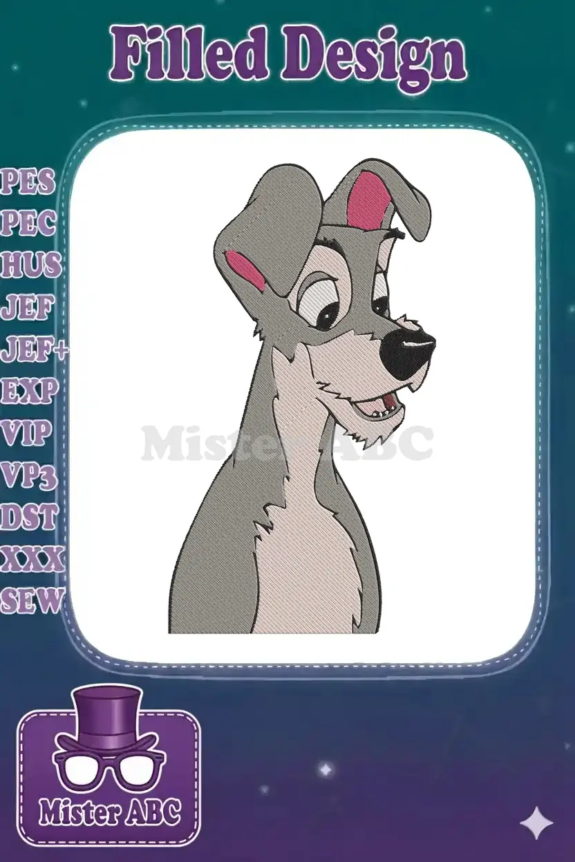 Close-up embroidery design of Tramp from Disney's Lady and the Tramp, featuring detailed fur textures and expressive eyes.
