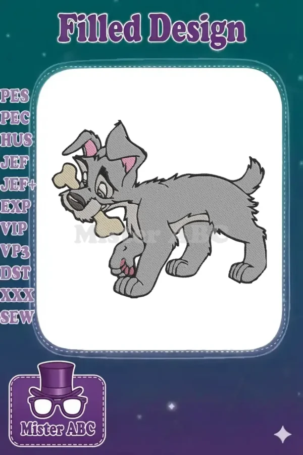 An adorable gray cartoon dog, resembling Tramp, facing right, playfully holding a bone in its mouth. Detailed embroidery design.