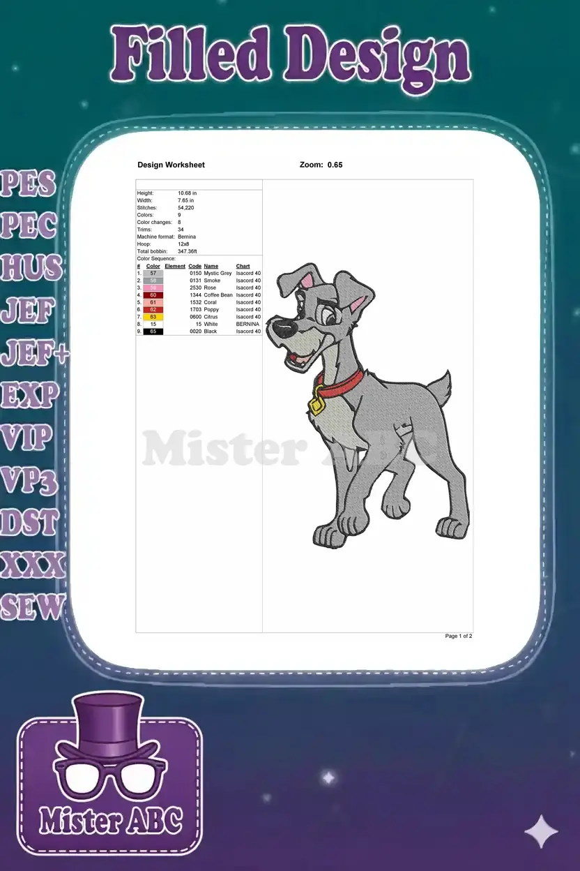 Embroidery design worksheet for Tramp, showing dimensions, stitch count, color sequence, and machine details.