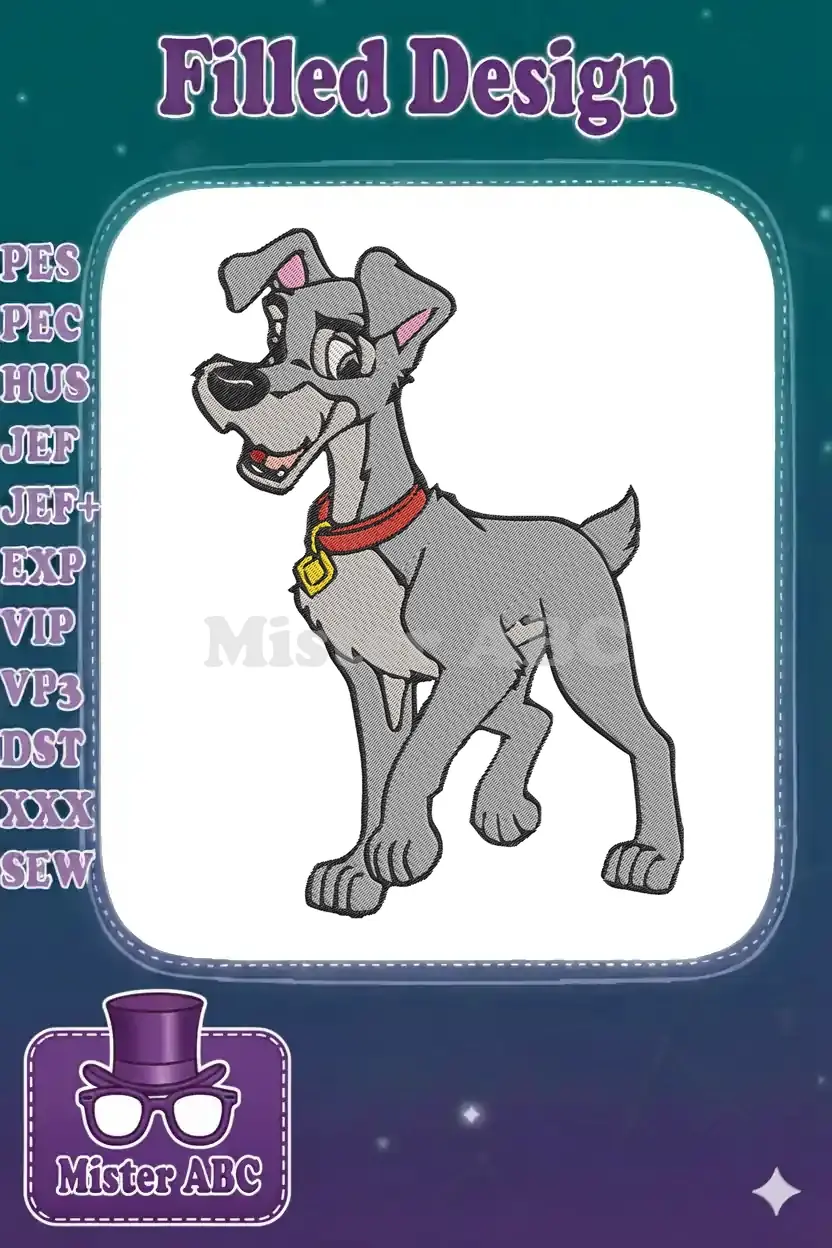 A delightful embroidery design of Tramp, the charming grey terrier mix from Disney's Lady and the Tramp.
