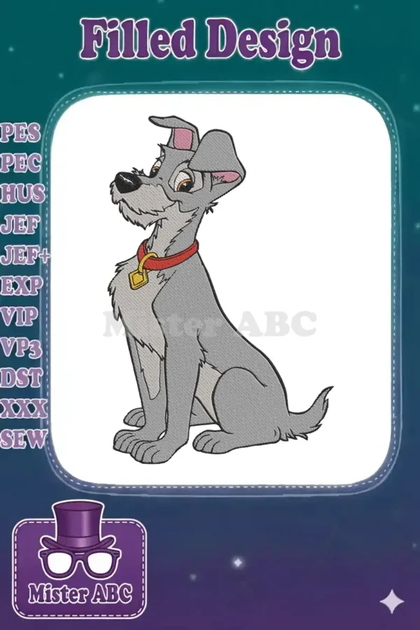 Full-body machine embroidery design of Disney's Tramp, the scruffy gray dog, sitting with a red collar and gold tag.