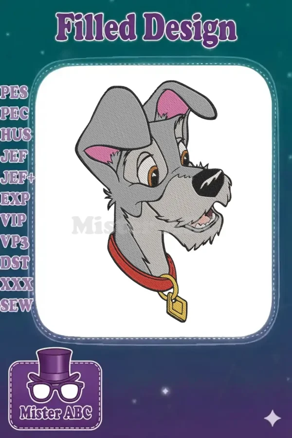 A detailed fill stitch embroidery of Tramp from Disney's Lady and the Tramp, featuring his expressive face and red collar.