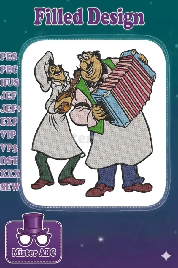 Two happy cartoon chefs, one playing an accordion and the other a mandolin, depicted in a lively embroidery design.