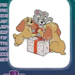 Tramp and playful puppies with Christmas gift box embroidery designs - Instant Download
