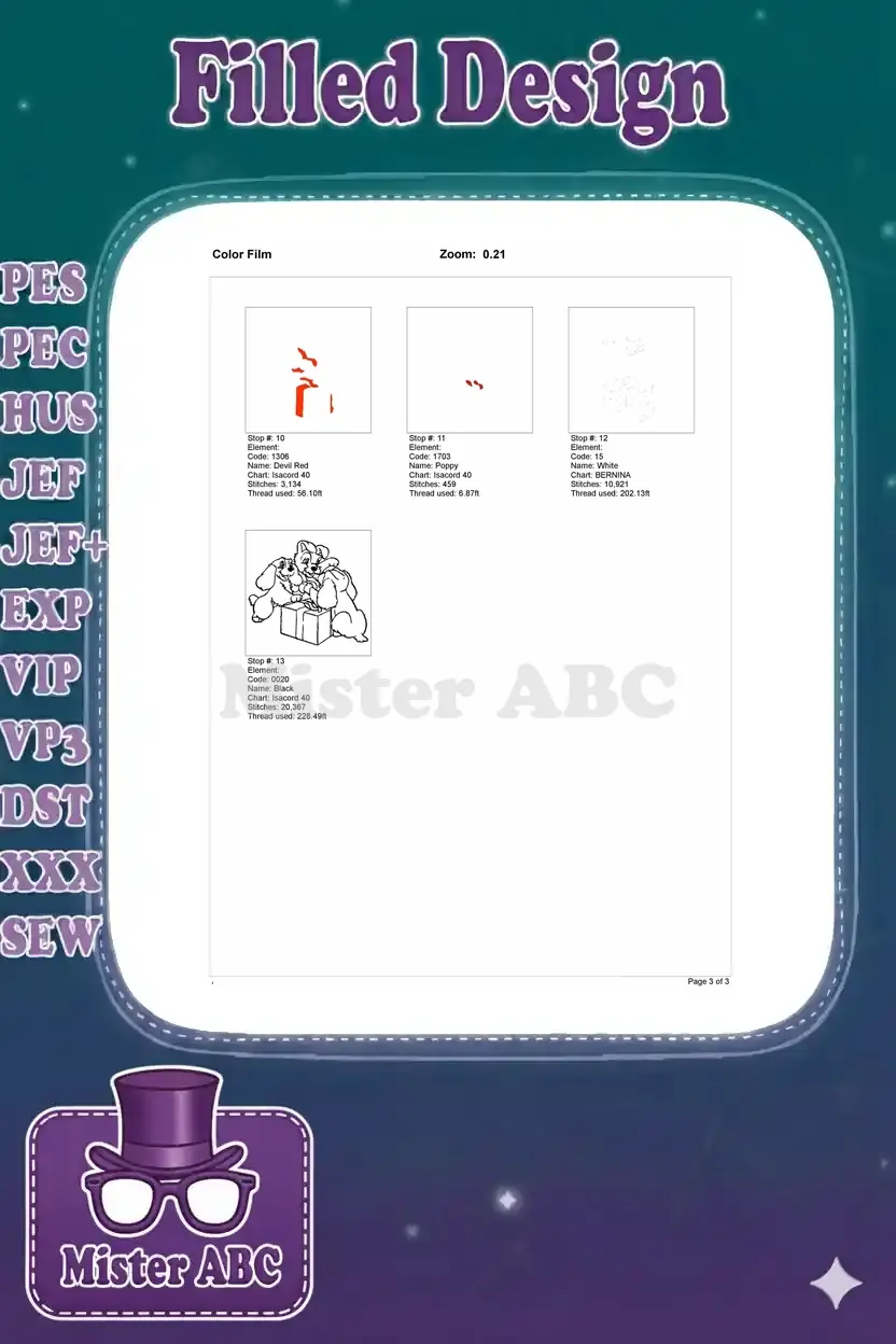 Second page of the color film, showing the remaining four embroidery thread layers and the final outline.