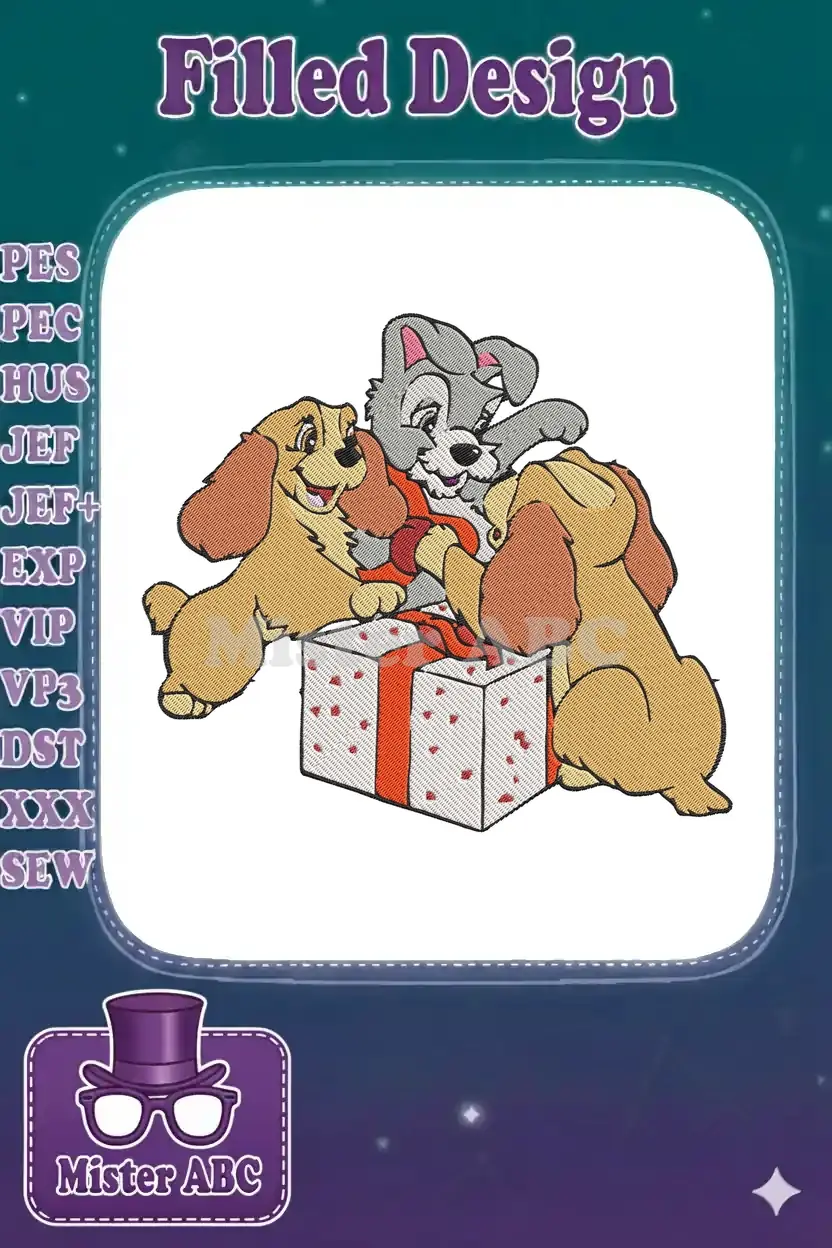 Tramp and two playful puppies from Lady and the Tramp gather around a festive gift box in this charming embroidery.