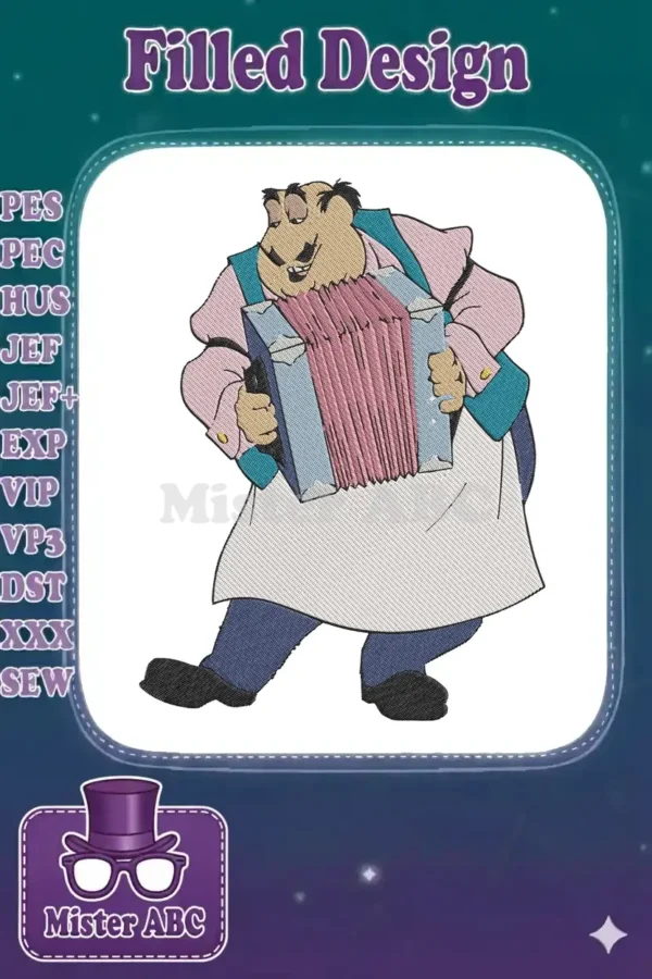 Embroidery design of Disney's LeFou playing a blue and pink accordion, featuring detailed stitching and a joyful expression.