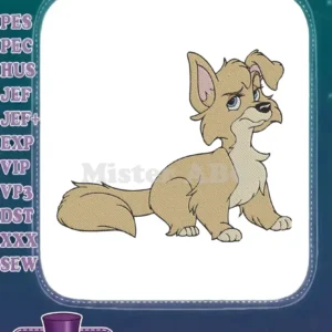 A charming digital embroidery design of a light brown cartoon dog, Angel, with big blue eyes, sitting gracefully.