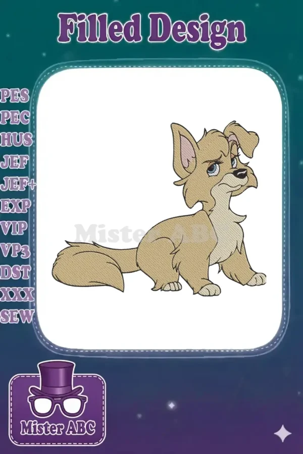 A charming digital embroidery design of a light brown cartoon dog, Angel, with big blue eyes, sitting gracefully.