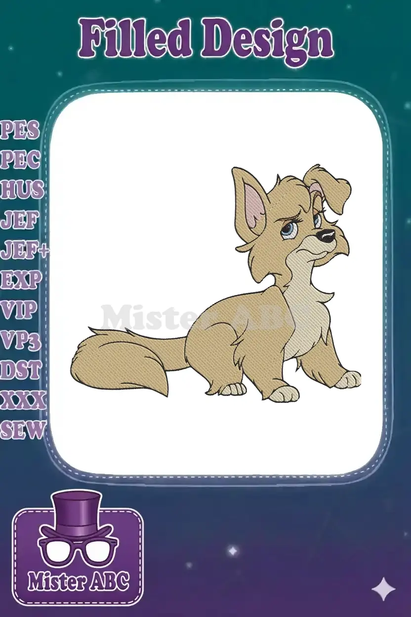 A charming digital embroidery design of a light brown cartoon dog, Angel, with big blue eyes, sitting gracefully.
