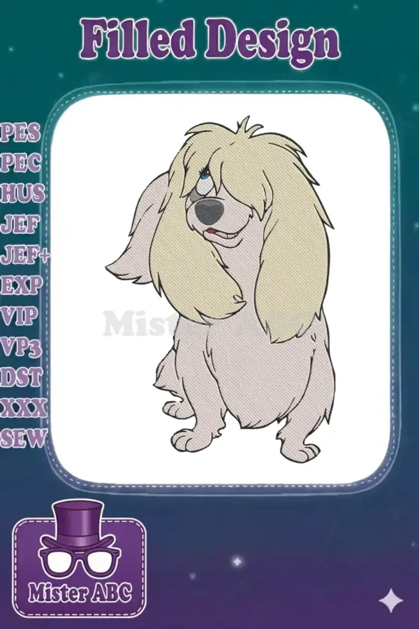 A charming machine embroidery design featuring a scruffy, light-colored cartoon dog with long blonde hair covering its eyes.