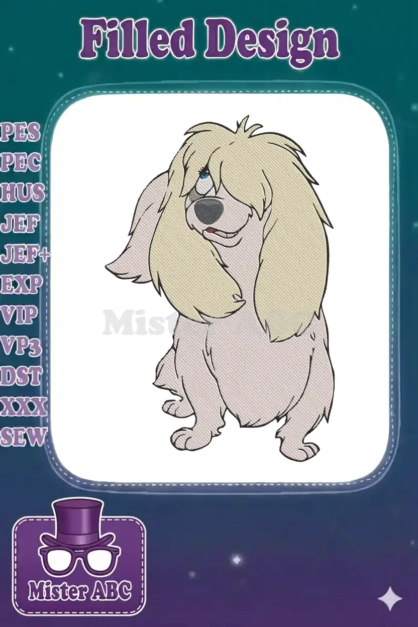 A charming machine embroidery design featuring a scruffy, light-colored cartoon dog with long blonde hair covering its eyes.
