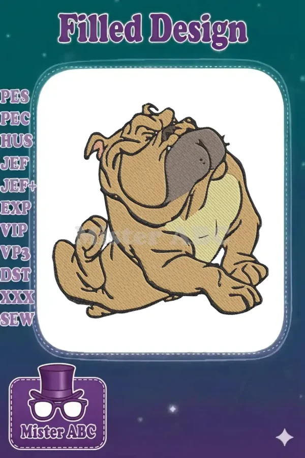 A detailed embroidery design of a sitting bulldog with a relaxed, slightly grumpy expression and textured stitches.