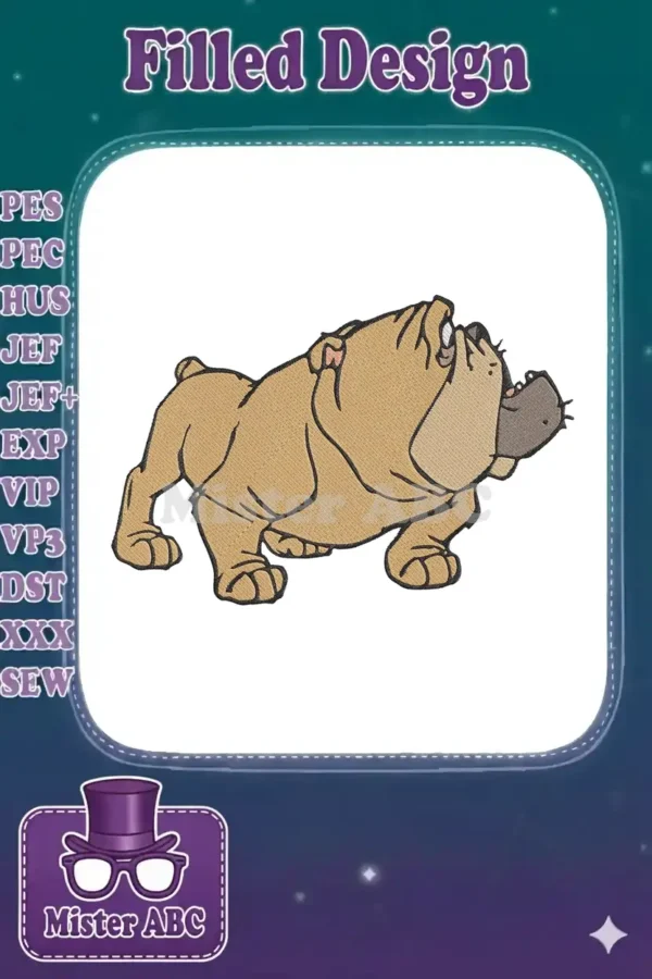 A charming, detailed embroidery design of a tan bulldog looking upwards, showcasing its robust features and playful expression.