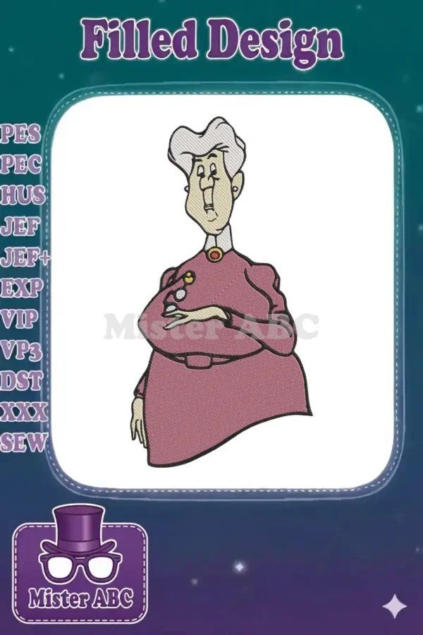 A detailed fill stitch embroidery design of Aunt Sarah from Disney's Lady and the Tramp, featuring her iconic look.