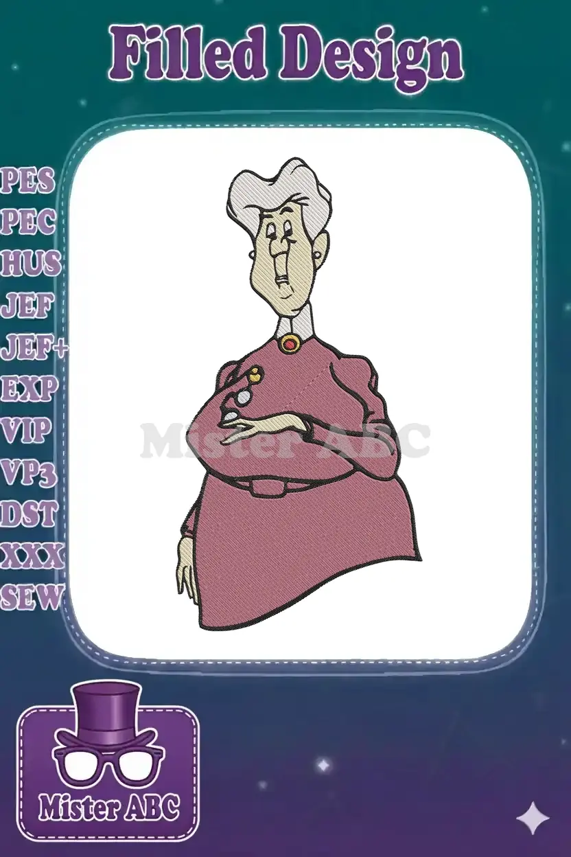 A detailed fill stitch embroidery design of Aunt Sarah from Disney's Lady and the Tramp, featuring her iconic look.