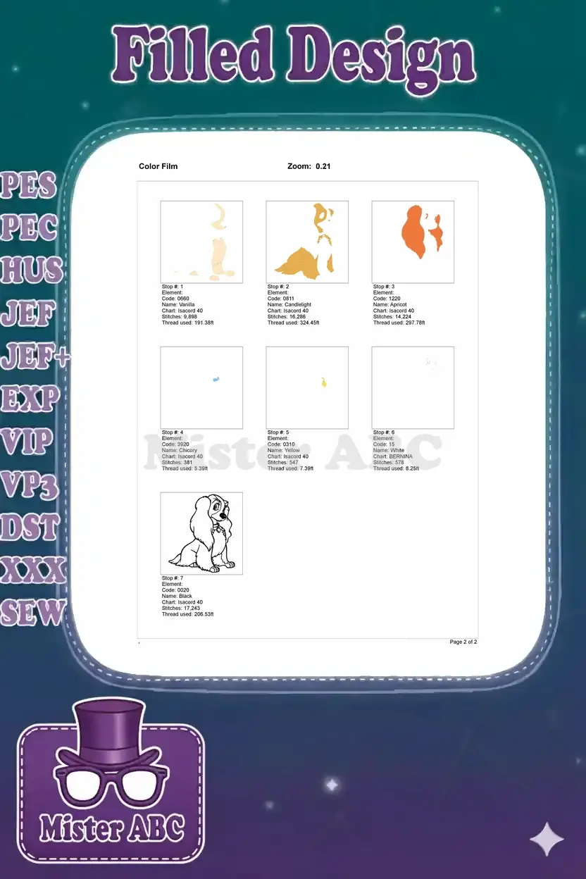 A color film breakdown of the Lady embroidery design, showing each stitch sequence and thread usage for all colors.
