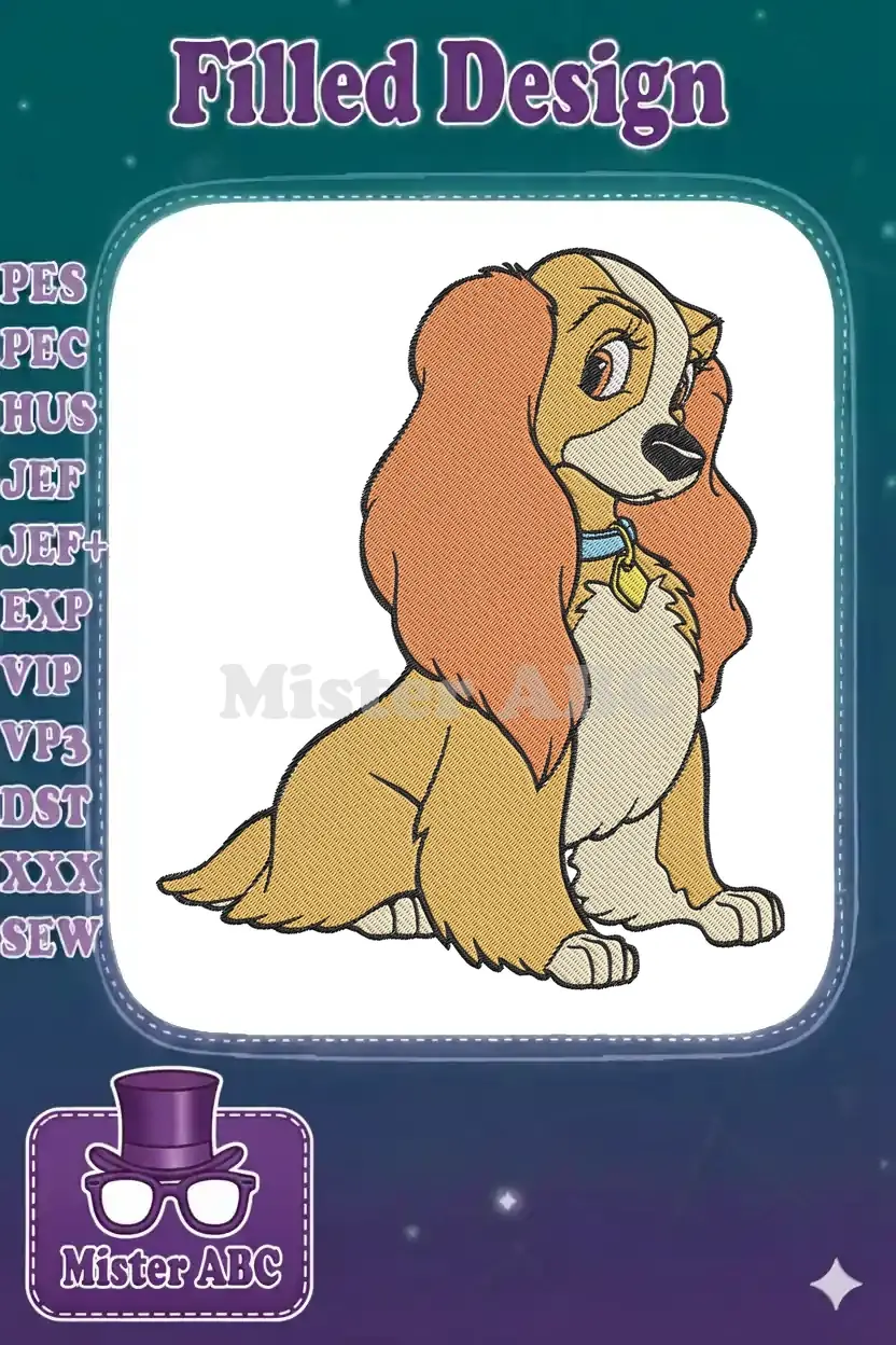 An embroidery design of Lady, the golden-brown cocker spaniel from Disney's Lady and the Tramp, sitting gracefully.