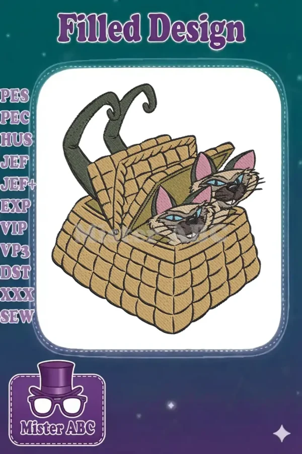 Embroidered design featuring two mischievous Siamese cats, Si and Am, peeking from a woven basket with a handle.