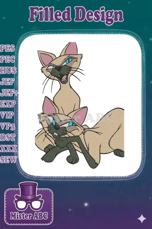 Two mischievous Siamese cats, Si and Am, from Lady and the Tramp, in a vibrant embroidery design.