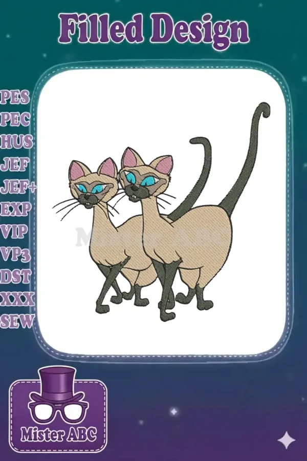 Two mischievous Siamese cats, Si and Am, from a classic animated film, rendered in a charming embroidery design.