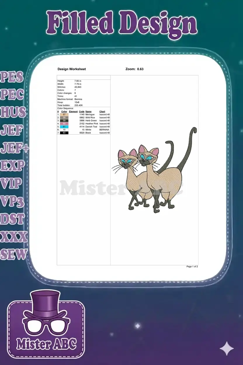 Detailed embroidery design worksheet for two Siamese cats, showing dimensions, stitch count, color sequence, and machine formats.