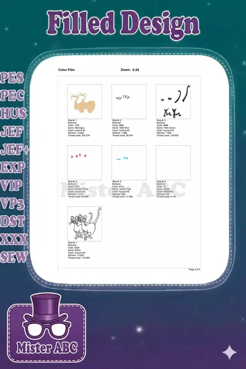 Color film sequence of the Siamese cat embroidery design, illustrating the stitch order and thread usage for each color.