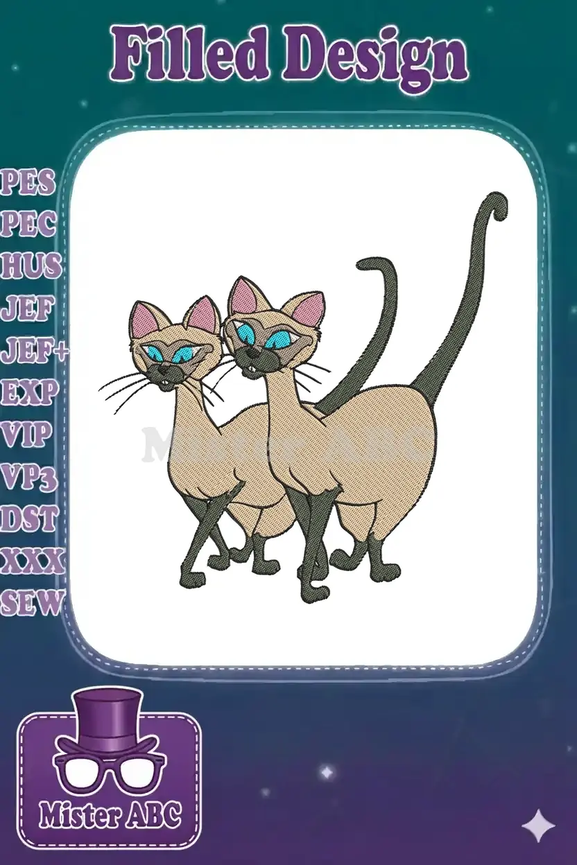 Two mischievous Siamese cats, Si and Am, from a classic animated film, rendered in a charming embroidery design.