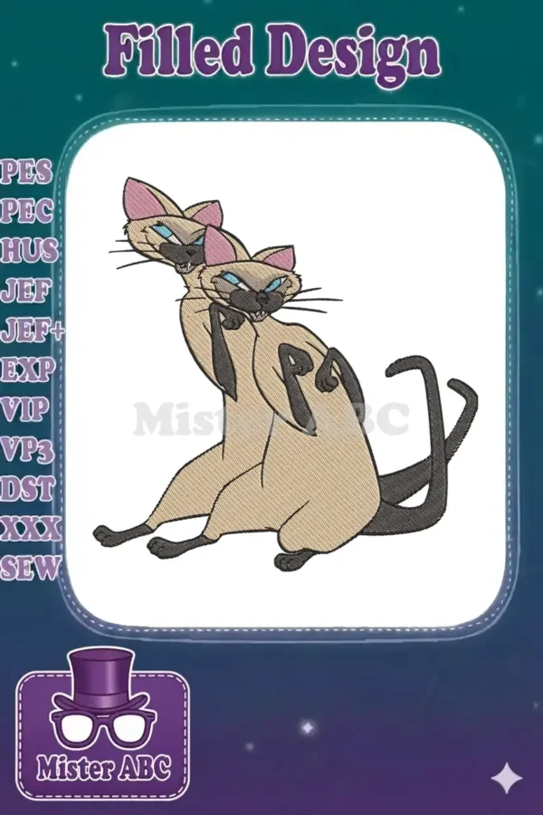 Embroidered design of Disney's Si and Am, the mischievous Siamese cats, captured in their iconic pose.