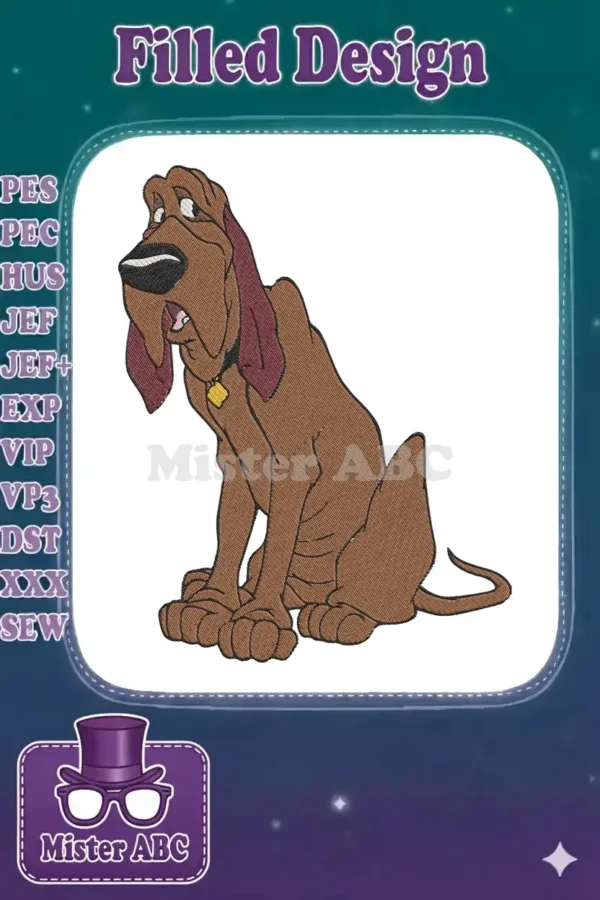 Detailed embroidery design of Droopy Dog sitting, showcasing his classic melancholic expression and rich brown tones.