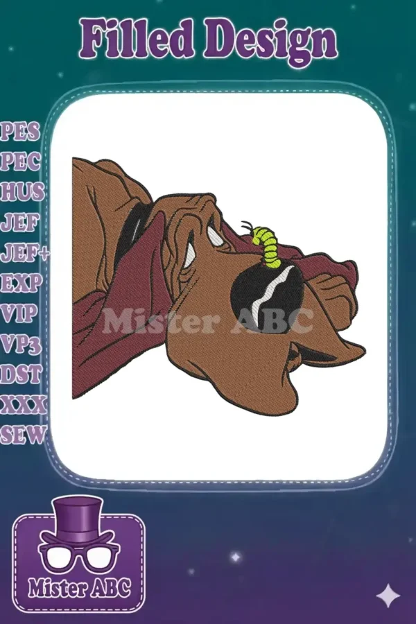 Scooby Doo's head, looking down, with a bright green caterpillar humorously resting on his black nose.