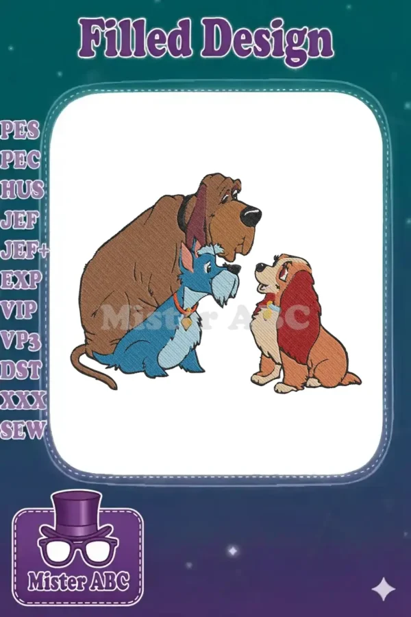 Embroidery design of Trusty, Jock, and Lady from Lady and the Tramp, showcasing detailed fill stitch work.