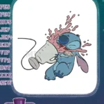 Cute Stitch blue alien spilling pink drink embroidery designs - Instant Download