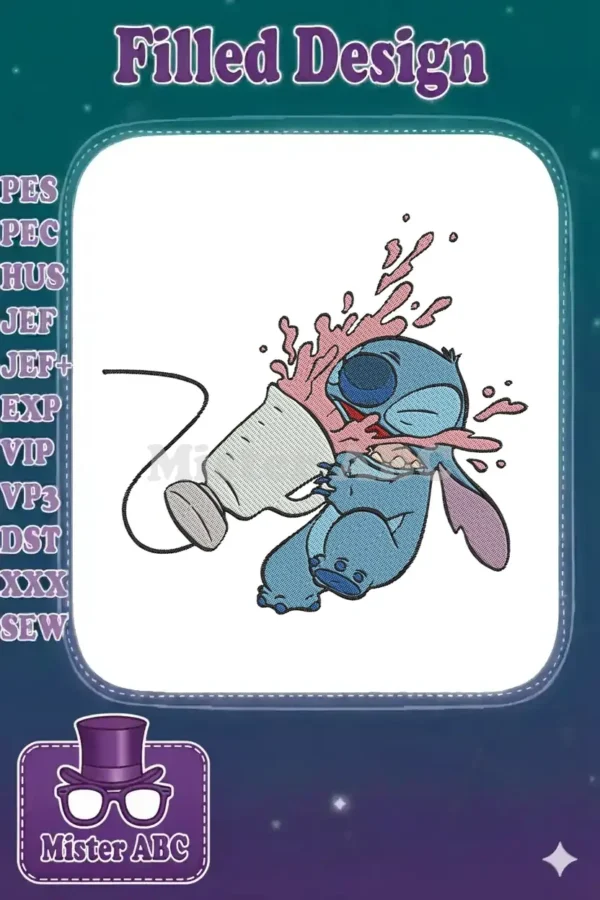Close-up of Stitch, the blue alien, hysterically spilling a pink drink from a large cup, a digital embroidery design.