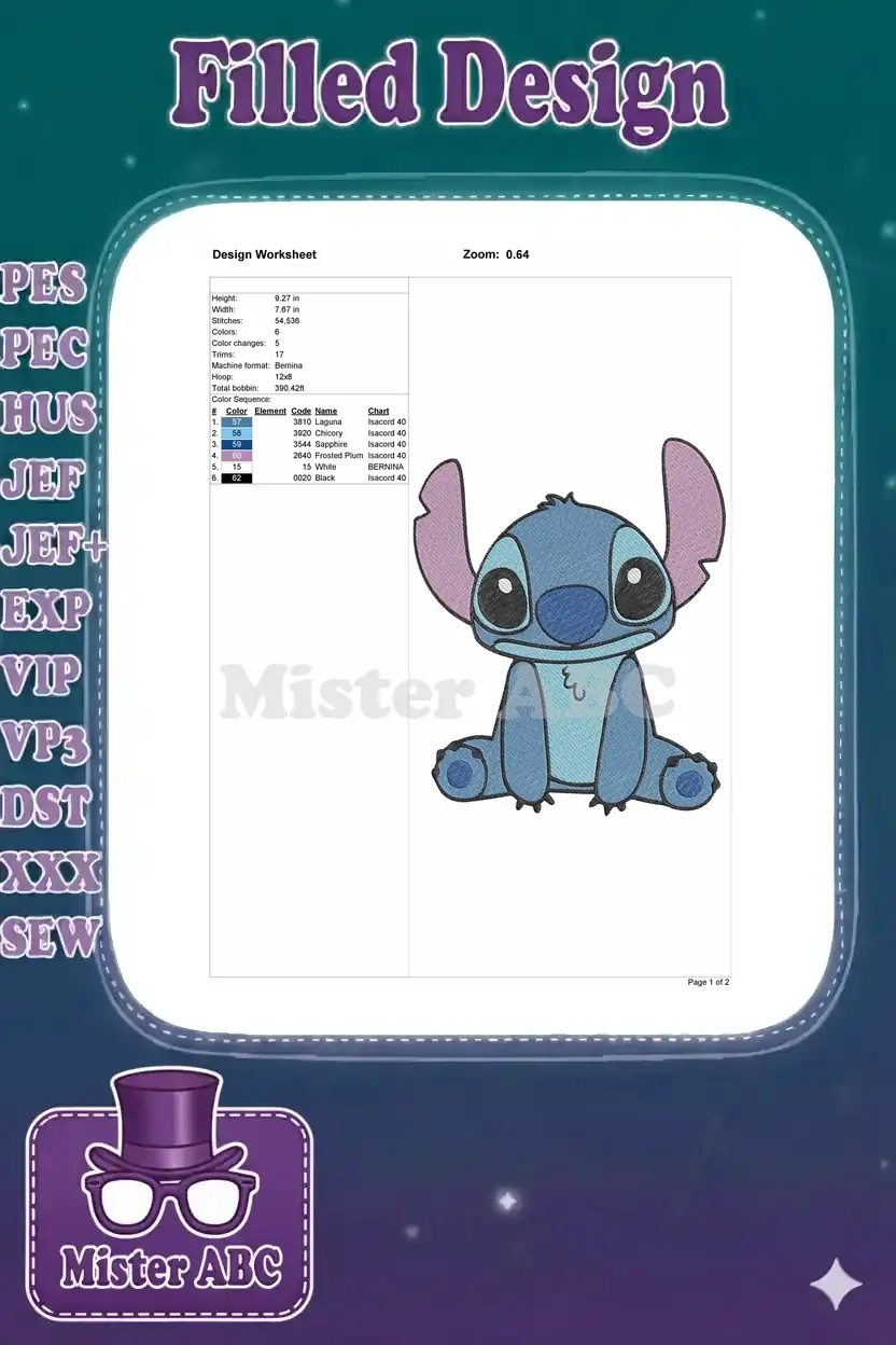 An embroidery design worksheet detailing Stitch's dimensions, stitch count, color sequence, and machine info.