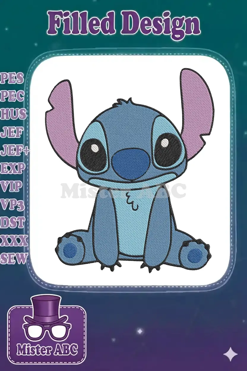 A high-quality digital embroidery design of a cute, sitting Stitch character with blue body and pink ears.