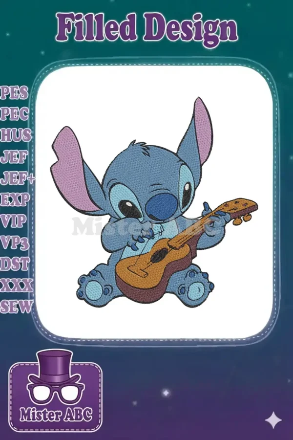 High-quality embroidery design featuring Disney's Stitch, sitting and happily playing a brown ukulele.