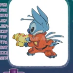Stitch in orange suit holding yellow creature action embroidery designs - Instant Download