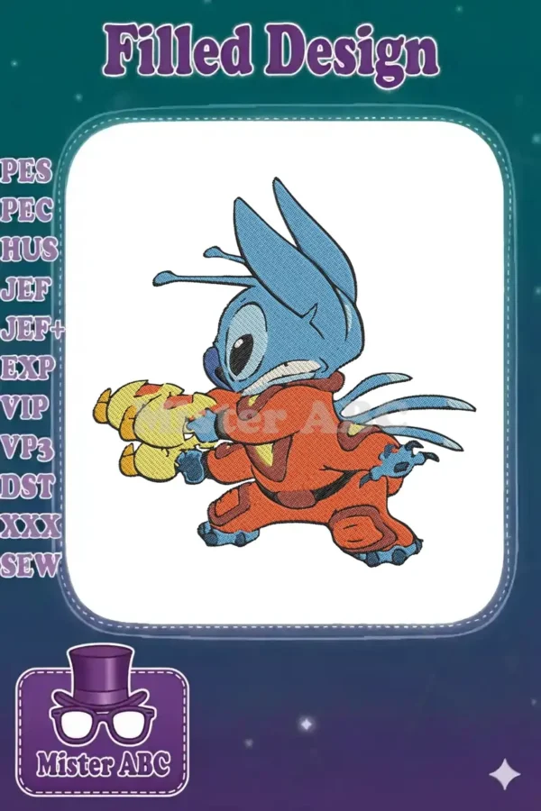 A vibrant machine embroidery design of Disney's Stitch, wearing an orange and black alien suit, holding a yellow blaster.