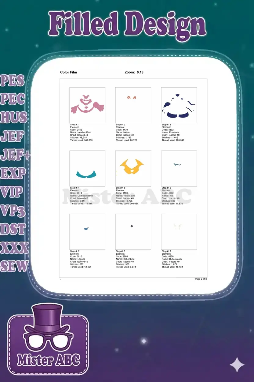 First page of the Color Film document, illustrating the initial embroidery layers for Reuben, detailing color stops and stitches.