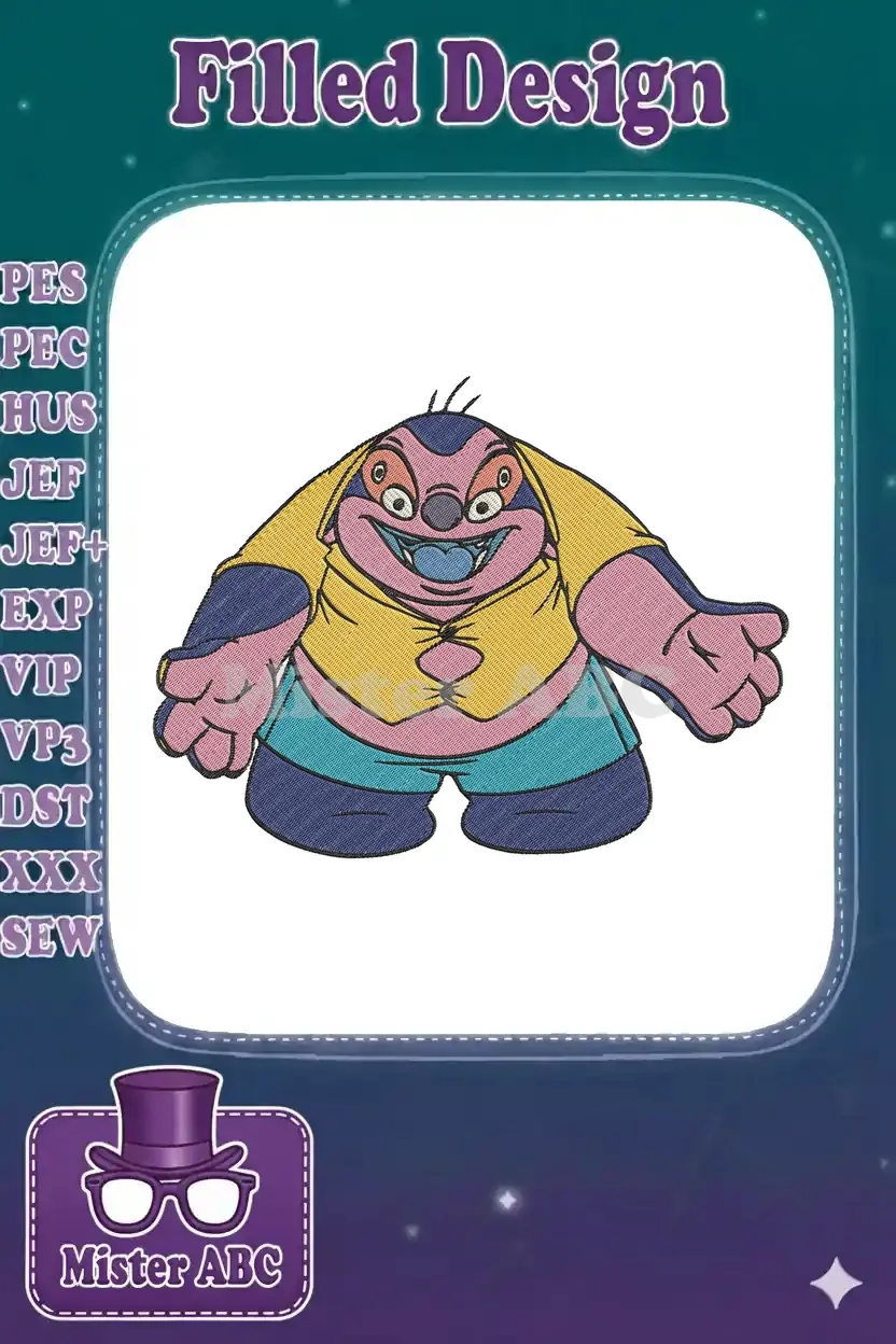 Full-color embroidered design of Reuben (Experiment 625) from Lilo & Stitch, featuring his yellow shirt and blue shorts.