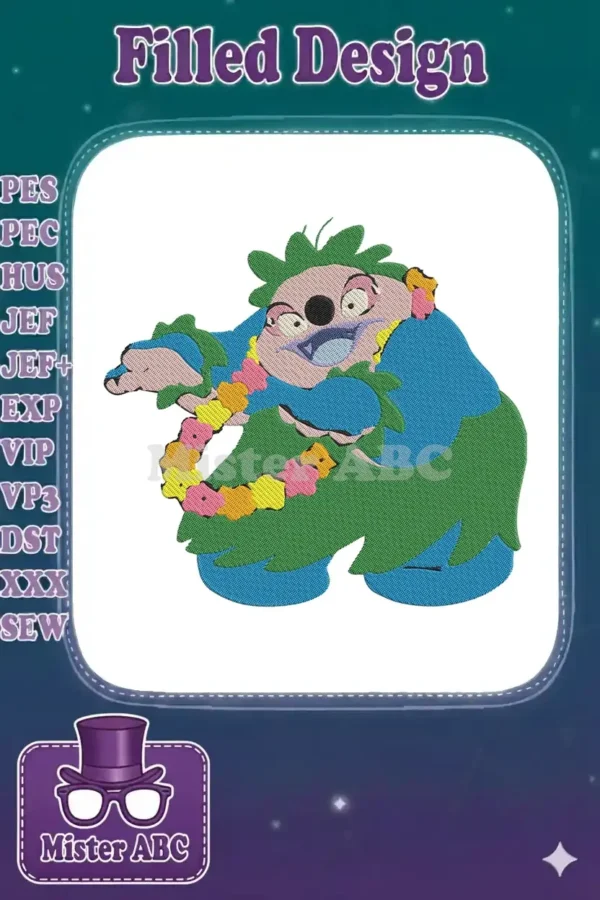 Vibrant Gantu Hula embroidery design, featuring the character in a blue shirt, green skirt, and colorful lei.