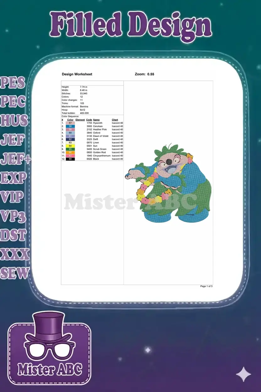Embroidery design worksheet for Gantu Hula, showing dimensions, stitch count, color sequence, and machine info.