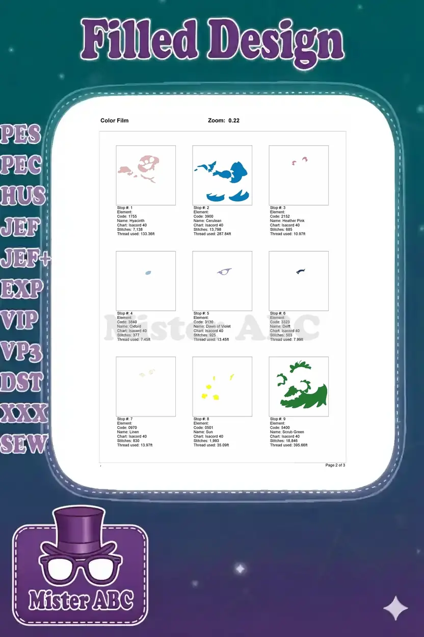 Color film breakdown of the Gantu Hula embroidery, showing the first nine color elements and their stitch counts.