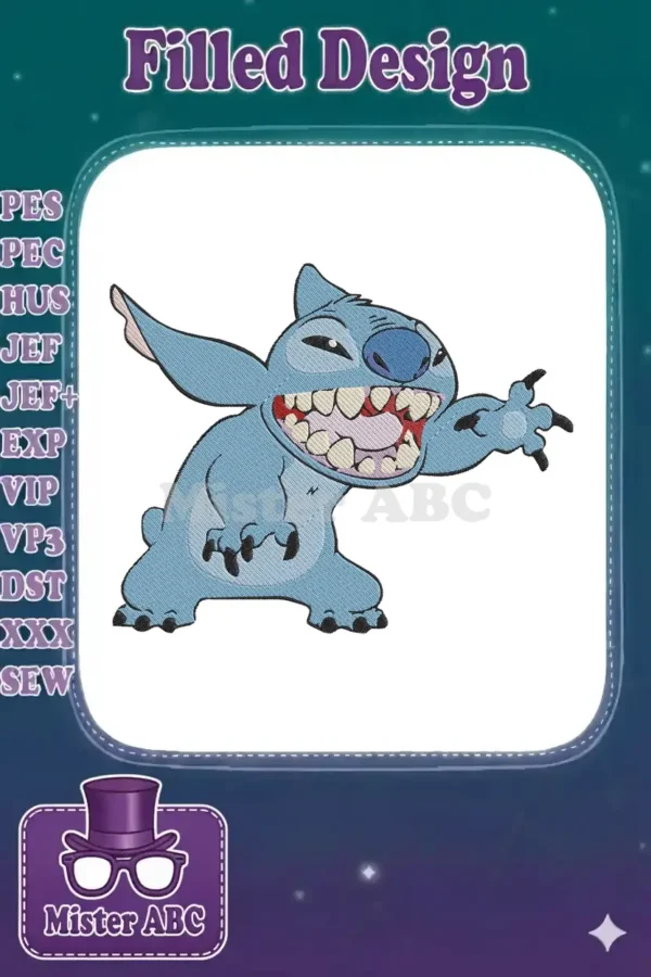 A vibrant embroidery design featuring Disney's Stitch, standing with a wide, mischievous grin and outstretched claws.