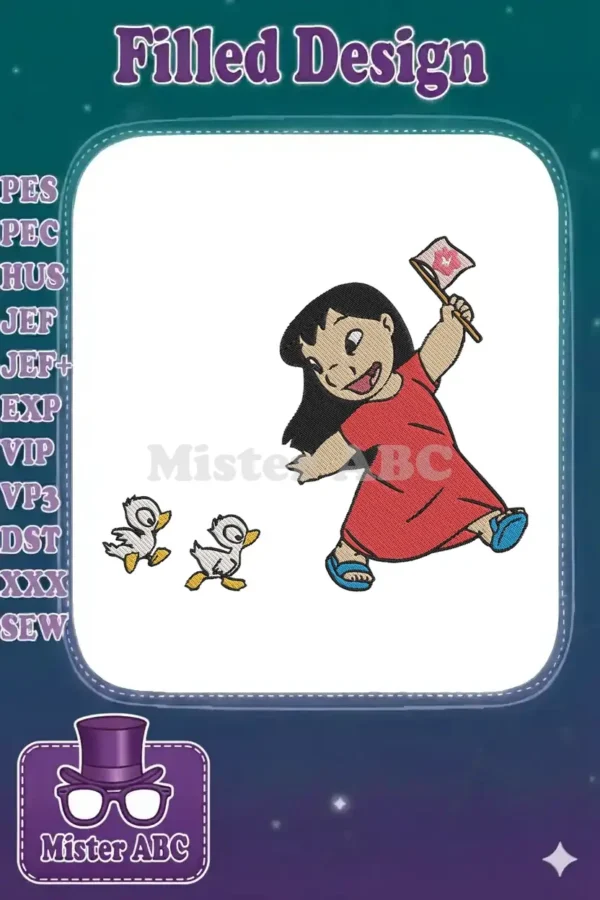 Lilo, a cheerful girl in a red dress, running with two adorable ducklings and waving a small flag.