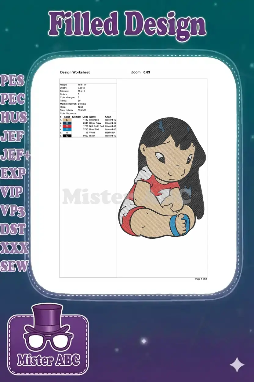 Embroidery design worksheet for Lilo Pelekai, detailing size, stitch count, colors, and machine compatibility.